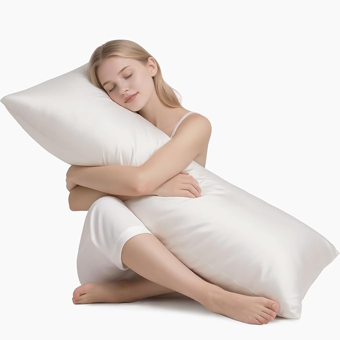 MR&HM Satin Body Pillow Cover, Soft and Breathable Body Pillow Case with Envelope Closure, Cooling and Silky Long Pillowcase for Hair and Skin,Grey (20x54, Ivory)