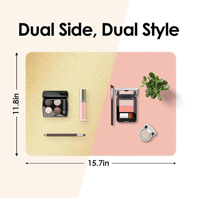 Makeup Mat for Vanity to Protect Desk Top 15.7 x 11.8in, Dual-Sided Makeup Mat, Easy to Clean Desk Pad - Waterproof and Oilproof Vanity Accessories (Gold and Pink)