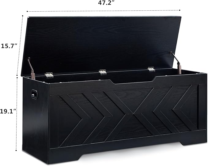 47.2” Storage Bench,Extra Large Wooden Storage Chest with 2 Safety Hinges,entryway Bench,Blanket Storage,Shoe Storage Bench for Entryway,Bedroom,Living Room,Easy Assembly-Black