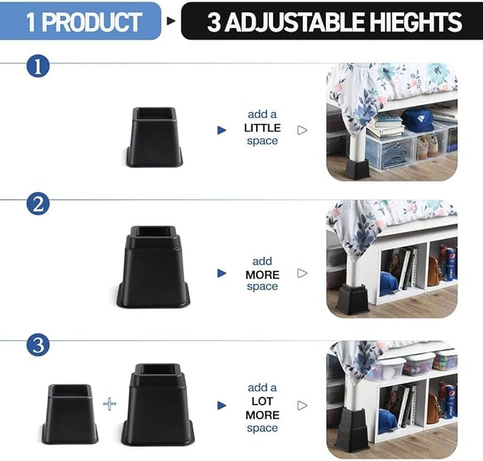Home It Adjustable Bed Risers - Elevation in 3, 5 or 8 Inch - Heavy Duty Stackable Furniture Risers Supports 1,300 lbs - for Under-Bed Storage, College Dorms, Table and Couch, 4 Pack Bed Lifts Black
