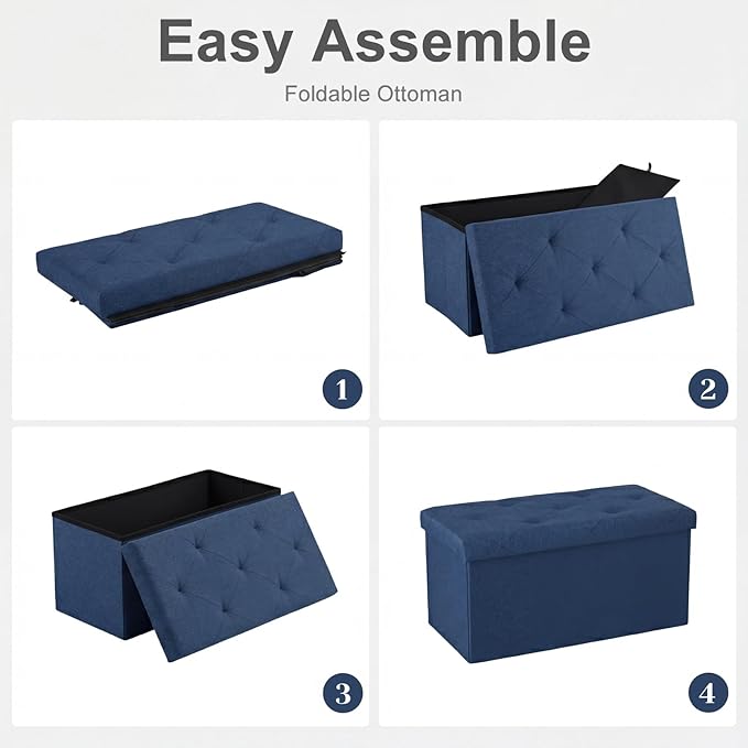 DUMOS 30in Storage Ottoman Bench, Ottoman Bench Foot Rest Stool with Padded Seat, Large End of Bed Bench for Bedroom, Living Room, Entryway, Support 660lbs, Blue