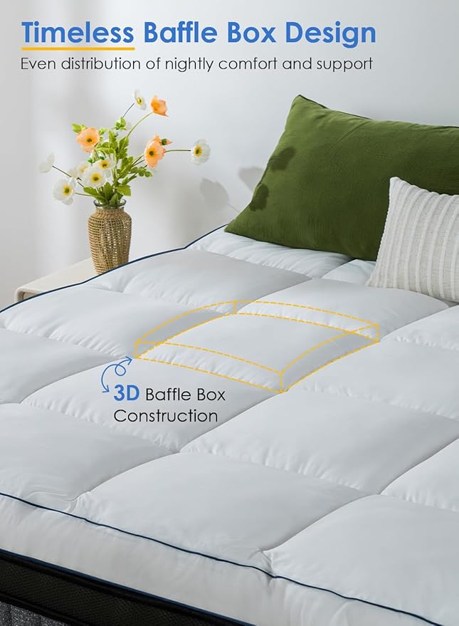 QUEEN ROSE Mattress Topper King Size, Pillow Top Extra Thick Mattress Pad, Soft Baffle Box Overfilled Down Alternative for Back Pain, 4 Corner Straps, White