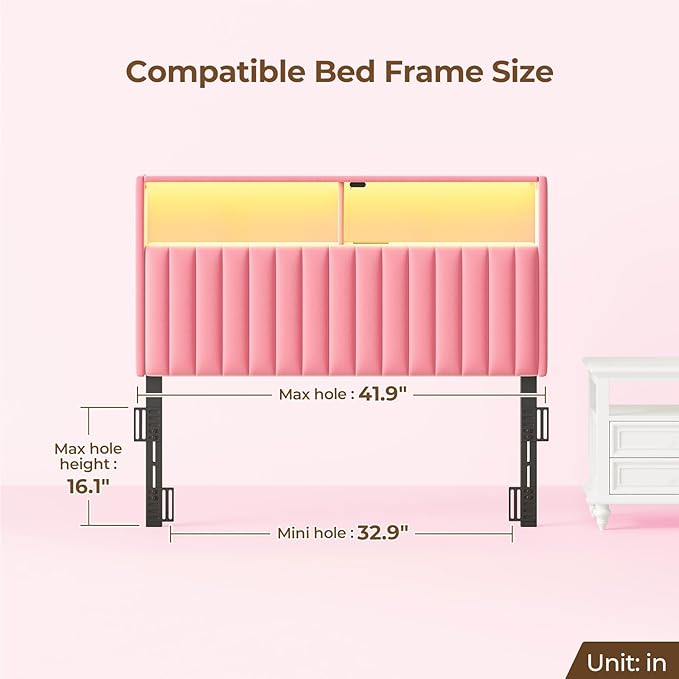 Rolanstar Headboard for Twin Size Bed with Storage, Head Board with USB & Type C Port, 60,000 DIY Color of LED Light, Velvet Upholstered, Height Adjustable, Sturdy, Easy Assembly, Pink