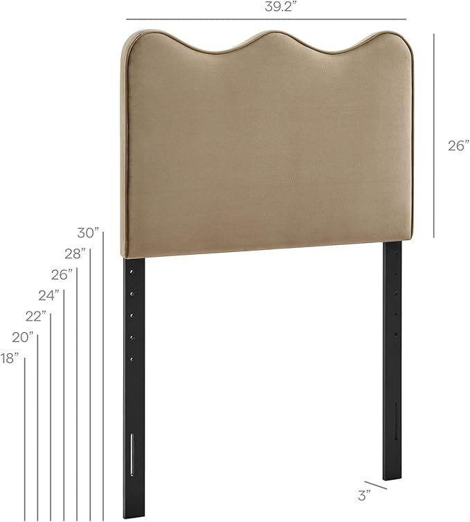 Monday Athena Twin Size Performance Velvet Adjustable Headboard in Taupe - with Scalloped Wave Design and Stain-Resistant Velvet Upholstery