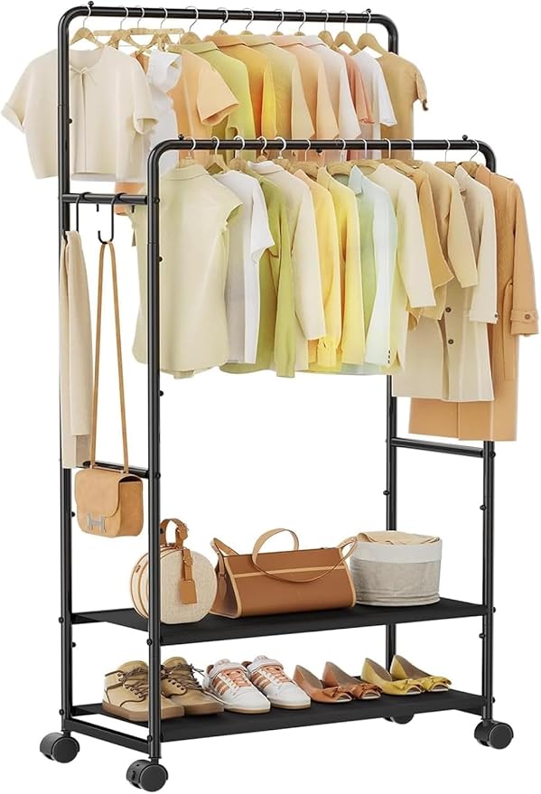 Simple Trending Clothes Rack for Hanging Clothes, Double Rod Clothing Rack with Shelves Load 400 LBS, Garment Rack with Wheels, Black