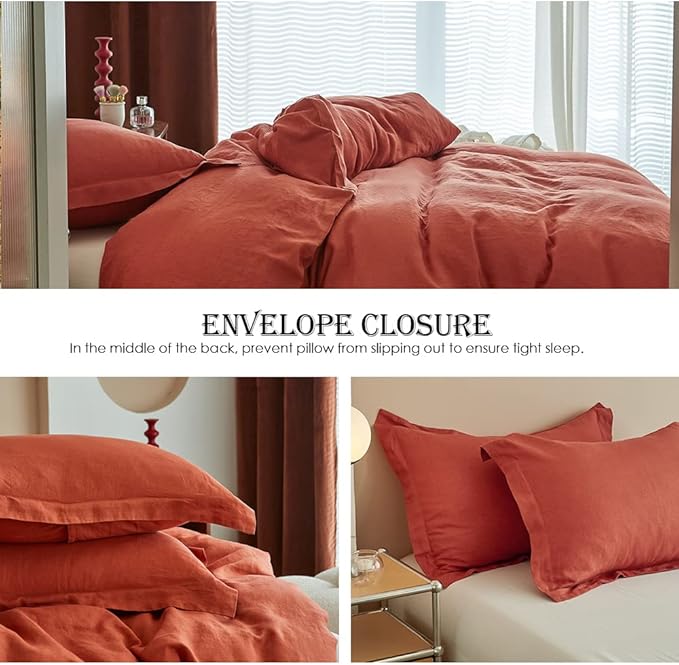 Simple&Opulence 100% Linen Duvet Cover Set 3pcs Basic Style Natural French Washed Flax Solid Color Soft Breathable Farmhouse Bedding with Button Closure - Brick Red, Queen
