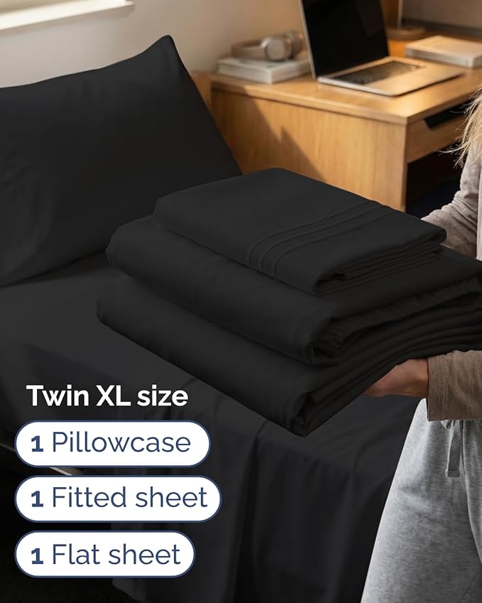 Twin XL Size 3 Piece Sheet Set - Comfy Breathable & Cooling Sheets - Hotel Luxury Bed Sheets for Women & Men - Deep Pockets, Easy-Fit, Extra Soft & Wrinkle Free Sheets - Black Oeko-Tex Bed Sheet Set