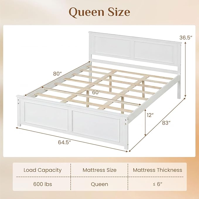 Giantex Wood Queen Size Bed Frame with Headboard, Farmhouse Solid Platform Bed w/Wooden Slat Support Mattress Foundation, Under-Bed Storage, No Box Spring Needed, White