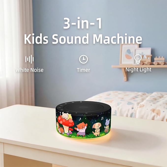 Kipcush White Noise Machine - Soft Non-Glare Nursery Lamp, 30 Soothing Sounds, 8 Color Lights, Max 8-Hour Timer for Baby & Adults (Forest Animals, Standard)