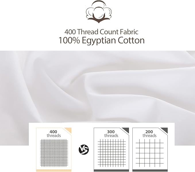 100% Egyptian Cotton King Pillow Protectors Set of 2, 400 Thread Count Sateen Weave Cooling Pillowcase, Easy Care Zippered Style Pillow Covers (White, King)