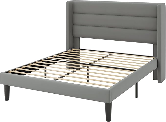 Allewie Queen Size Platform Bed Frame with Velvet Upholstered Wingback Headboard, No Box Spring Needed, Under Bed Storage Space, Strong Wooden Slats, Modern Mattress Foundation, Easy Assembly, Grey