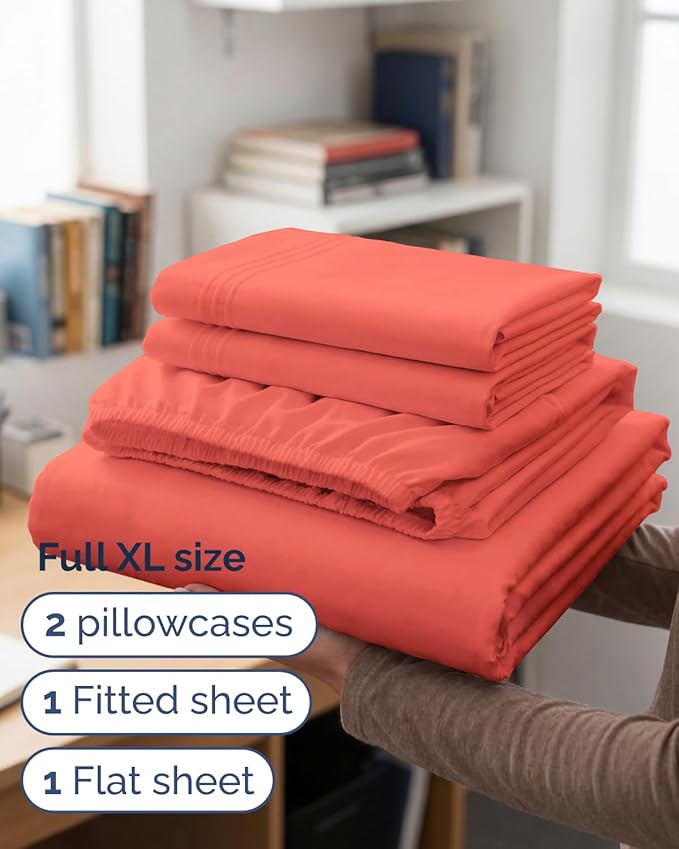 Full XL Bed Sheet - 4 Piece Full XL Bed Sheets Set - Ultra-Soft, Comfy, Breathable & Cooling - Hotel Luxury Bedding for Women & Men with Deep Pockets - Wrinkle Free & Fade Resistant - Oeko-Tex - Coral