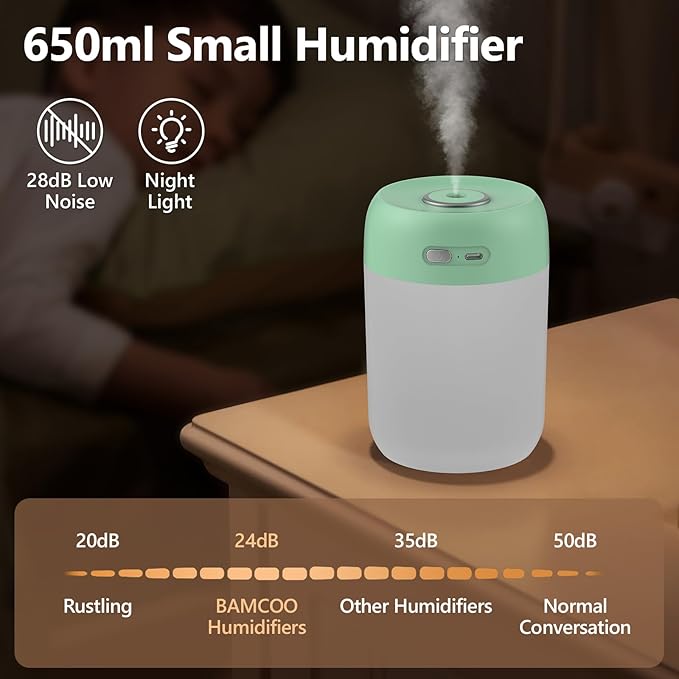 Portable Small Humidifier, 650ml Colorful Mini Humidifier for Bedroom, Office Desktop, Baby Room, Plants, Cool Mist Humidifiers(Green)