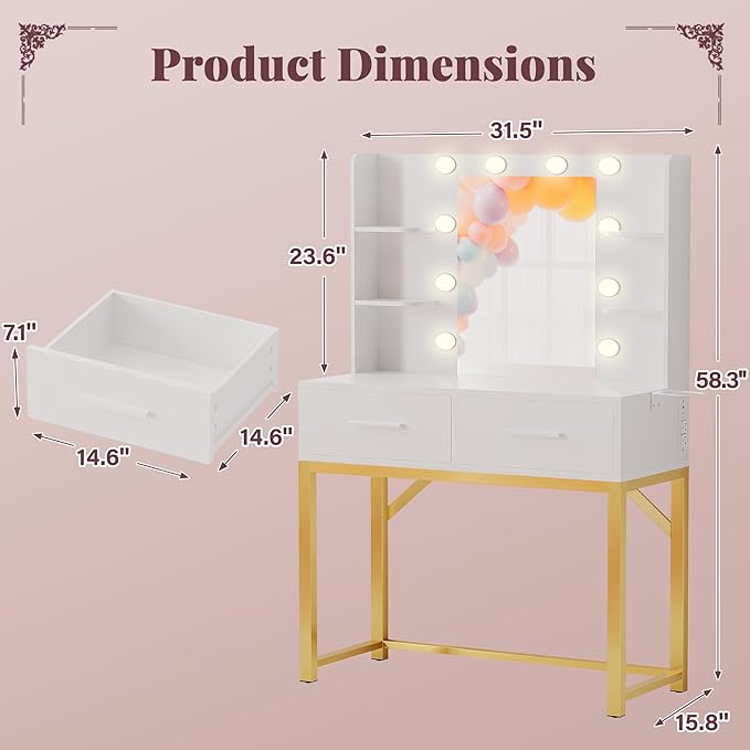 Furmax Vanity Desk with Mirror and LED Light Bulb, Small Makeup Vanity Table with Drawers, Dressing Table with Power Outlet and Hair Drayer Holder for Bedroom (White & Gold)
