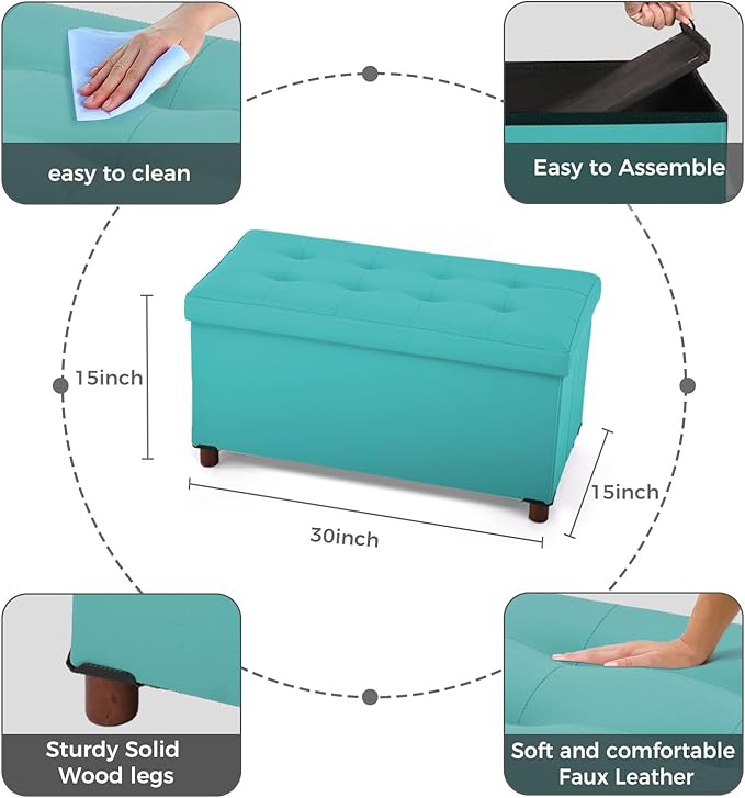 Dorriss Ottoman Storage Bench for Living Room with Tray, Bedroom Foot Stool, Coffee Table Lid, End of Bed Faxu Leather 30" Inch (L-Green)