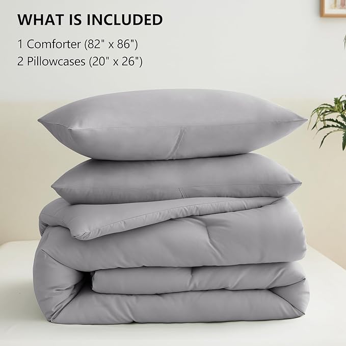 CozyLux Full Size Comforter Set Grey, 3 Pieces Solid Breathable Quilted Bedding Sets, Gray Luxury Lightweight Soft Bed Set with Down Alternative Comforter and 2 Pillowcases for All Seasons