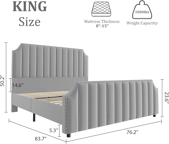 GarveeHome King Size Velvet Bed Frame, 50.2 in Tall Headboard & Footboard, Upholstered Platform King Bed Frame with Nailhead Trim, No Box Spring Needed, Noise Free, Solid Wooden Slats, Grey