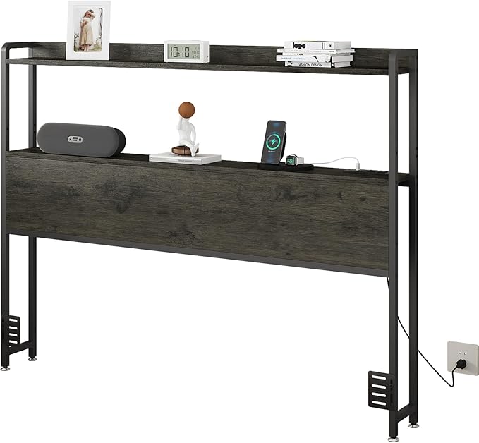 METYERRY Adjustable Full Size Headboard with Outlets, USB Ports,Type-C,LED Lights, and Storage, Rustic Brown, Sturdy Headboard for Enhanced Comfort and Functionality,Black Oak,Bed Frame NOT Included