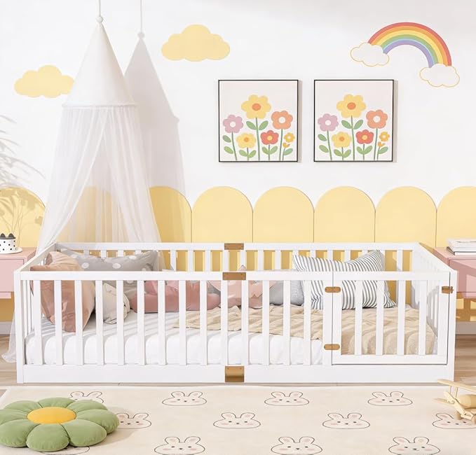 Bellemave Twin Size Montessori Floor Bed with 21.5" High Rails, Rubber Wood Twin Floor Bed with Slats and Door, White