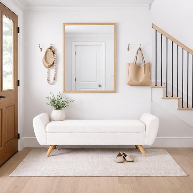 HomePop Modern Storage Bench with Wood Legs |Homepop Home Décor|Bench with Storage for Living Room & Bedroom - Sherpa Cream