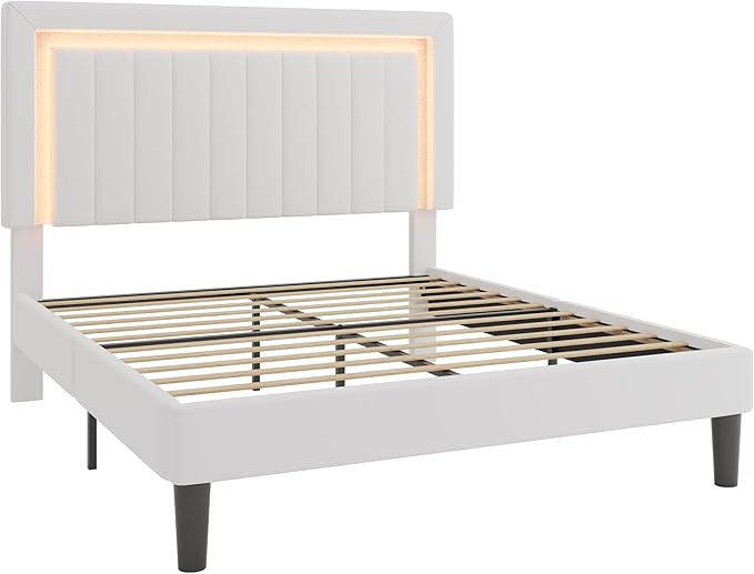 SHA CERLIN Queen Size Velvet Bed Frame with LED Light, Adjustable Vertical Channel Tufted Headboard, Strong Wooden Slats Support, Noise-Free, No Box Spring Needed, White