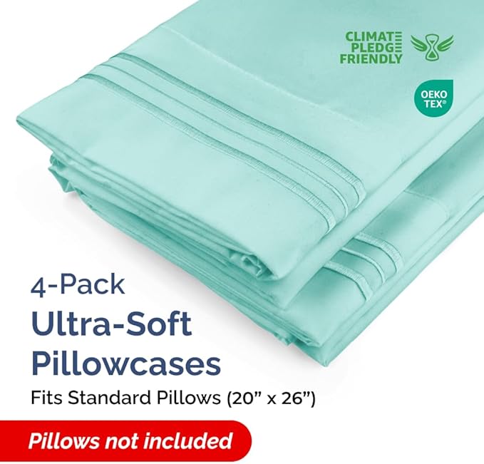 Standard Pillow Cases Set of 4 - Ultra Soft Hotel Quality Pillowcase Covers - Comfy Bedding for Women, Men, Kids & Teens - Machine Washable Pillow Protectors - 4 Piece Set - Standard Size Spa Blue