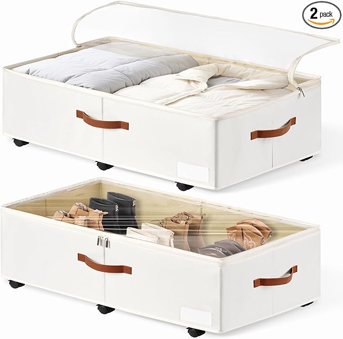 60L Large Under Bed Storage with Wheels Pack of 2, Underbed Shoe Container Bin with Clear Lid Cover, 10.5 Inches Rolling Under Bed Drawer Storage Bag Basket for Boots Quilt Sweater - White