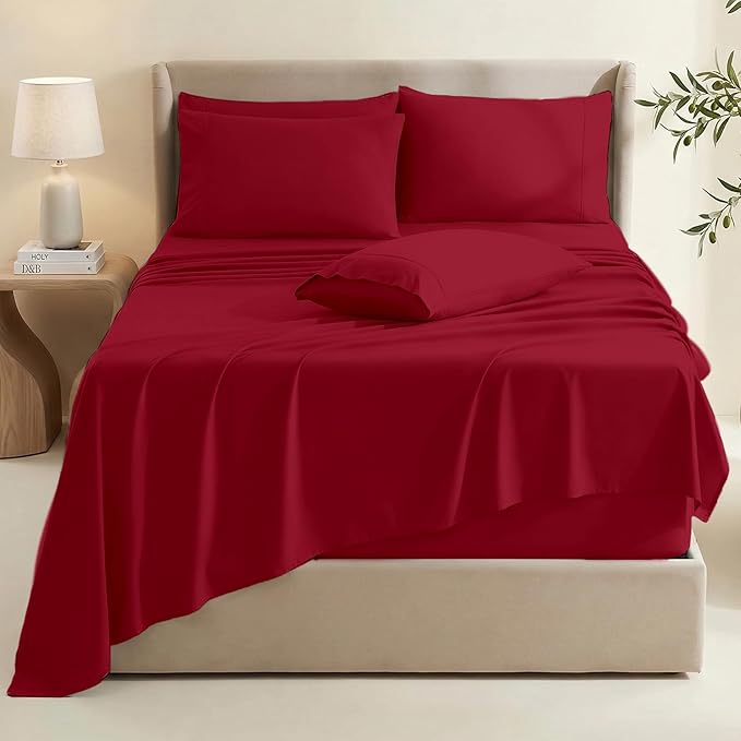 Hearth & Harbor Extra Deep Pocket Sheets - Fits Mattress 18-24 Inches Deep - Extra Deep Pocket California King Size - 6 Piece Cal King Sheets - Cal King, Burgundy