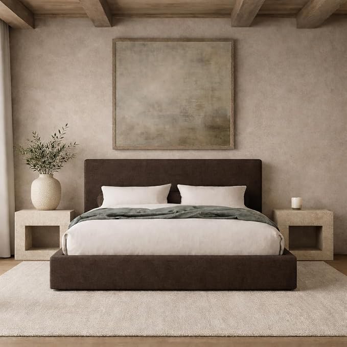 Square Bed – Washable Cover - Soft Upholstered Linen - Minimalist Modern - Sold Separately(Brown Linen, Queen Headboard)