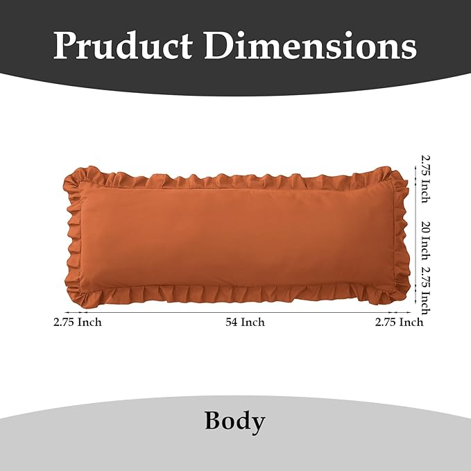 Ruffled Body Pillow Pillowcases Set of 2 – Soft Wrinkle Resistant Brushed Microfiber Body Pillowcases –Envelope Pillow Shams Festive Gift for Hotels, Guest Rooms 20x54 Inch (Tangerine)