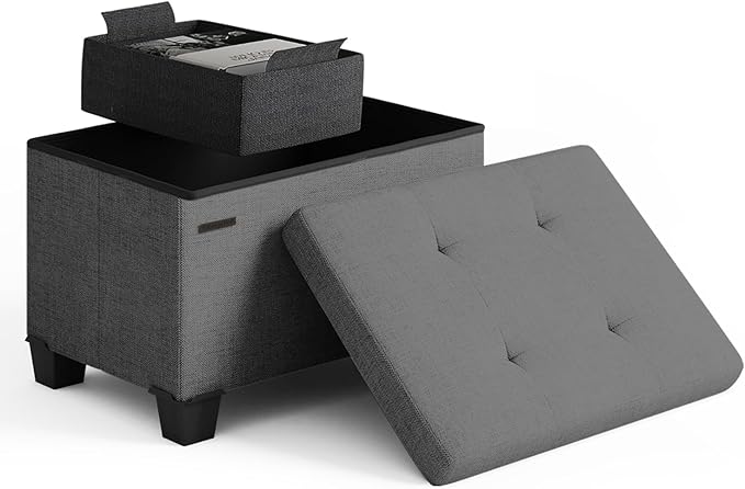 Storage Ottoman Cube with Small Bin, 16-in Square Ottoman with Storage for Living Room and Bedroom, Small Ottomans Foot Rest, Fabric Foot Stools Ottomans Max 330lbs, Grey