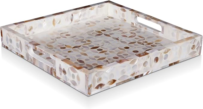 Handicrafts Home Handmade Discovery Pattern Inspired Decorative Tray - 12x12 Ottoman Tray, Multipurpose Mother of Pearl & Resin Inlay Centerpiece Tray for Living Room Dining Entertaining and Display