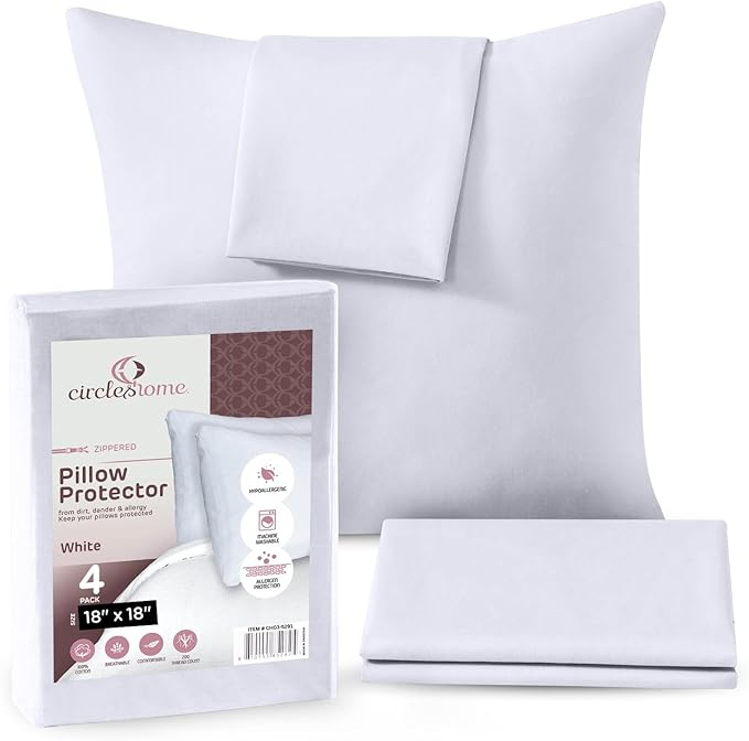 CIRCLESHOME Throw Pillow Protectors - 100% Cotton Breathable Pillowcases - 18 X 18 Square Pillowcases - Protects Pillows from Dirt, Dust and Debris (Square Pillow - 4 Pack- 18x18)