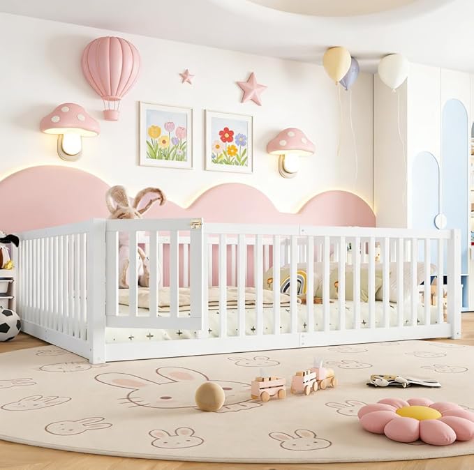 Bellemave Queen Size Montessori Floor Bed with 23.5" High Rails, Pine,Plywood Floor Bed with Small Door, White