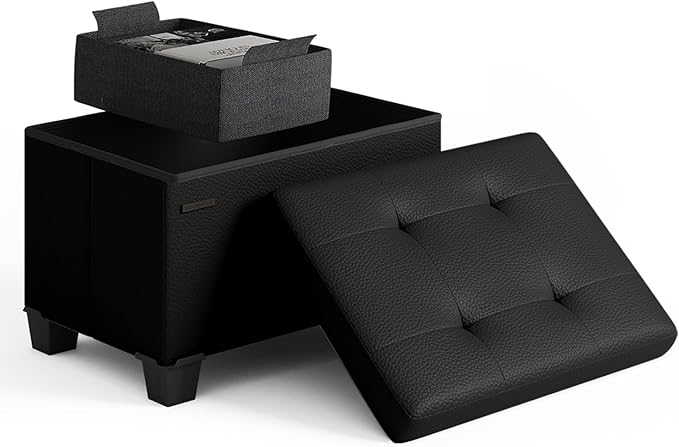 Storage Ottoman Cube with Small Bin, 16-in Square Ottoman with Storage for Living Room and Bedroom, Small Ottomans Foot Rest, Leather Foot Stools Ottomans Max 330lbs, Black
