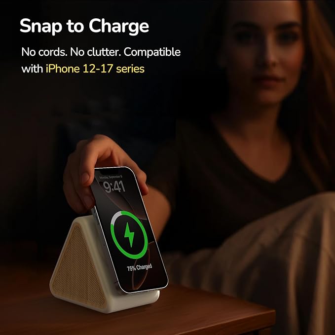 Housbay 2-in-1 White Noise Sound Machine & Magnetic Wireless Charger, Stereo Sleep Sounds, Clutter-Free Bedside Charging Station for iPhone - White Oak