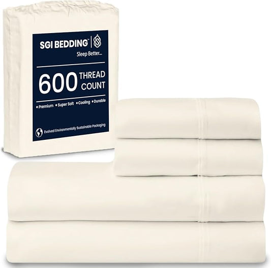 SGI bedding 100% Egyptian Cotton Sheets Twin XL Size – 600 Thread Count Sheets Set, Soft, Cooling, 15" Deep Pocket, Luxury Hotel Bedding, Breathable, Durable - Butter