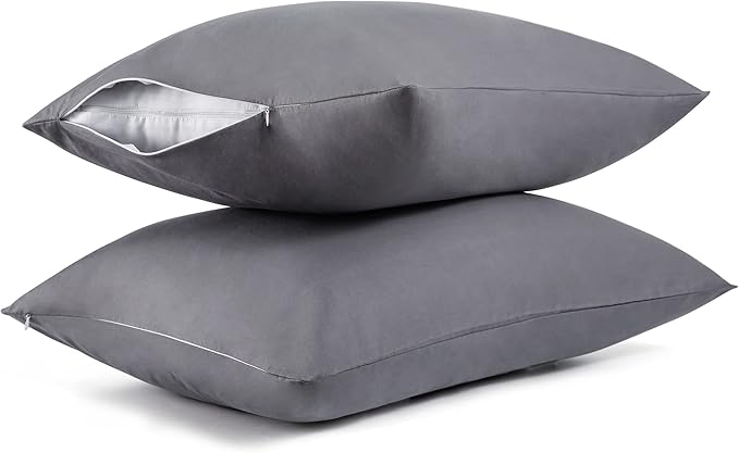 Cotton Pillow Protectors/Cases Queen Size with Zipper 2 Pack Grey Color,Cooling & Breathable Bed Pillow Protectors Set of 2 Pillow Cases Cover (Queen Size 20" x 30")
