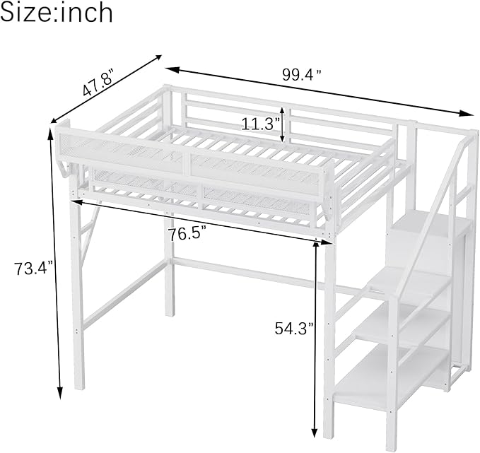 SOFTSEA Metal Loft Bed Storage Shelves, Twin XL Size Loft Bed Frame with Wardrobe, High Loft Beds with Stairs and Guardrail for Kids Bedroom, No Box Spring Needed, White
