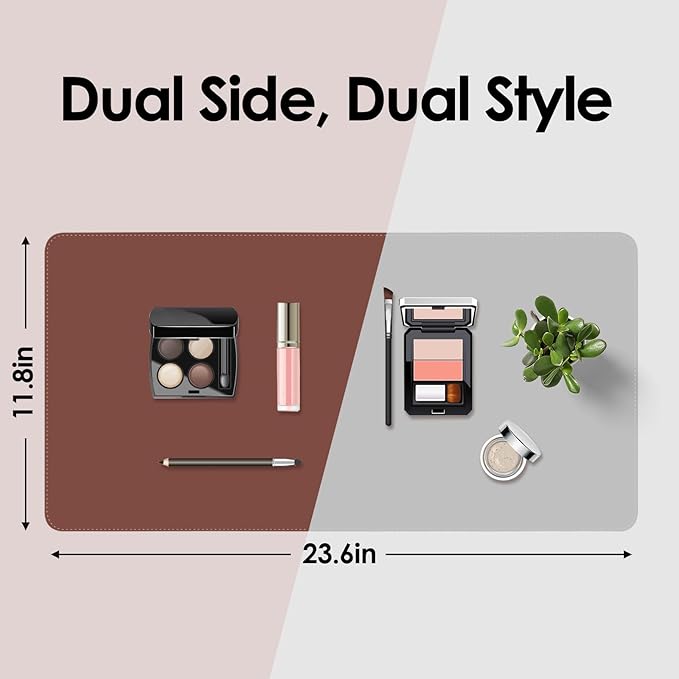 Makeup Mat for Vanity to Protect Desk Top 23.6 x 11.8 in, Dual-Sided Makeup Mat, Easy to Clean Desk Pad - Waterproof and Oilproof Vanity Accessories (Brown and Grey)