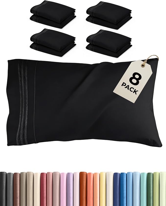 King Pillow Cases Set of 8 - Ultra Soft Hotel Quality Pillowcase Covers - Comfy & Wrinkle Free - Shrink, Stain and Fade Resistant - Easy-Care, Machine Washable Pillow Protectors - 8 Piece Set - Black