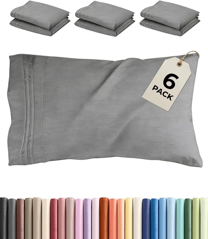 Queen Pillow Cases Set of 6 - Ultra Soft Hotel Quality Pillowcase Covers - Comfy & Wrinkle Free - Shrink, Stain and Fade Resistant - Machine Washable Pillow Protectors - 6 Piece Set - Heathered Grey