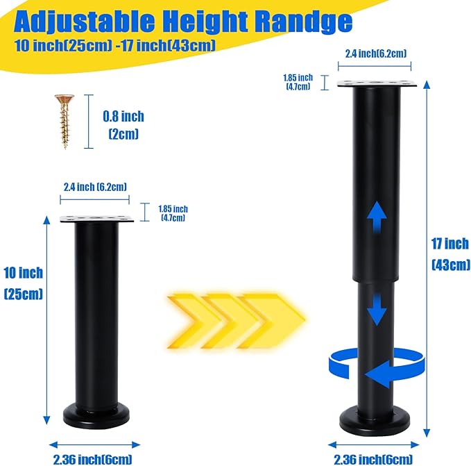 4 Pcs Adjustable Height Bed Support Furniture Legs [with Screws] for Bed Frame,Metal Adjustable 10-17inch for Bed/Sofa/Cabinet/Couch/Dresser/Table -Heavy Bed Replacement Legs (Black)