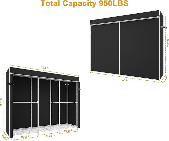ULIFHOME E14C Pro Heavy Duty Closet Organizer System，Freestanding Clothing Racks for Hanging Clothes，Adjustable Garment Rack 70.1"W × 16.6"D × 76.4"H Hold 960 lbs，White Rack with Black Dustproof Cover