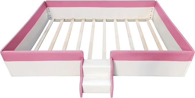 Merax Queen Size Floor Bed, Upholstered Kids Daybed Frame with Fence and Stairs, Wood Bed for Living Room, White+Pink