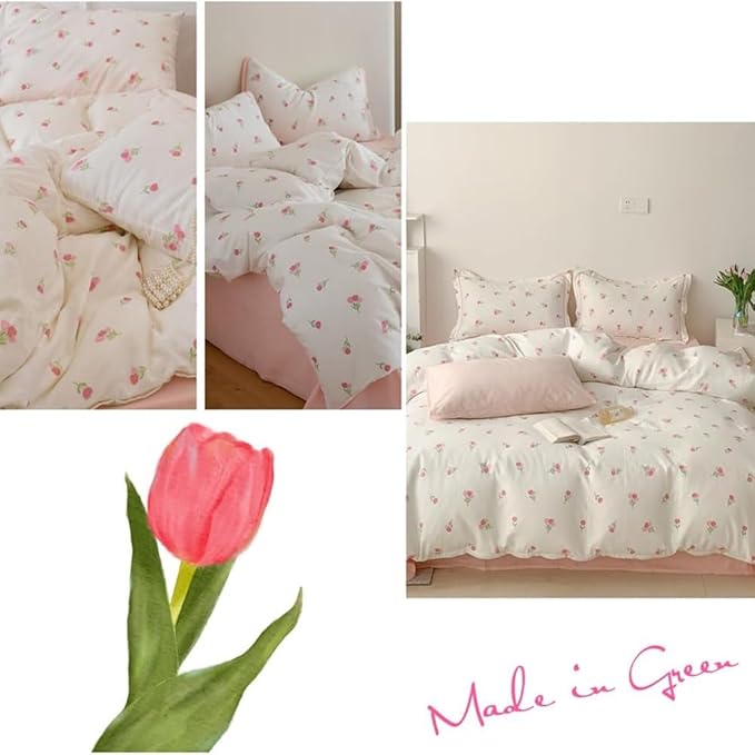Nayoroom Pink Floral Duvet Cover Queen Size Cute Tulip Printed on White Comforter Cover 3Pcs Kids Girls Kawaii Cottagecore Bedding Set with Zipper Closure Soft Breathable Microfiber