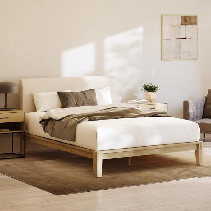 Nectar Bamboo Platform Bed Frame & Upholstered Headboard - King - Natural/Linen - Floating Center Support Legs - 12” Height - Easy Tool Free Set Up - Sturdy Wooden Slats - Holds Up To 500 lbs