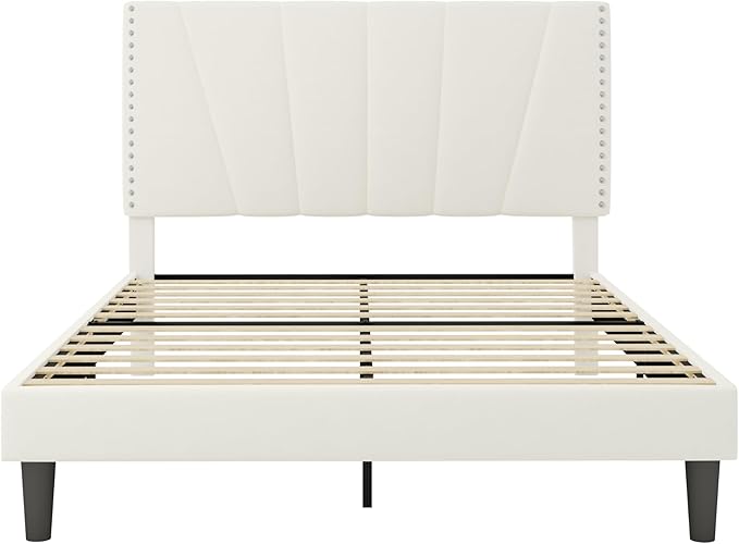 Allewie Full Size Bed Frame with Adjustable Velvet Upholstered Headboard, Rivet-Style Nailhead Trim Detail Platform Bed Frame, Wooden Slat Support, No Box Spring Needed, Easy Assembly, White