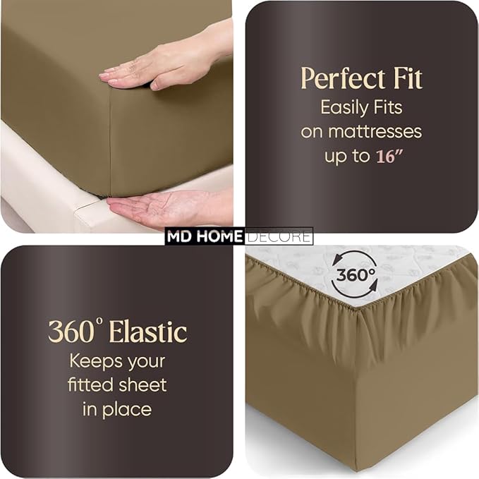4 Piece Split Head Flex Sheet Set, 34" Top Split King Sheets for Adjustable Beds, 100% Egyptian Cotton, 16 Inch Deep Pocket, Soft Durable Breathable Sheets, Taupe Solid, Ideal for Adjustable Beds