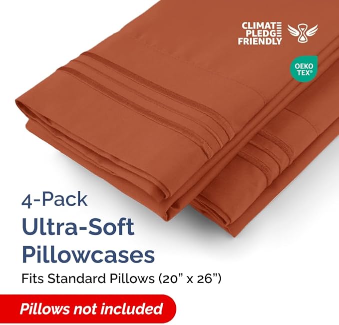 Standard Pillow Cases Set of 4 - Ultra Soft Hotel Quality Pillowcase Covers - Comfy Bedding for Women, Men, Kids & Teens - Machine Washable Pillow Protectors - 4 Piece Set - Standard Size Terracotta